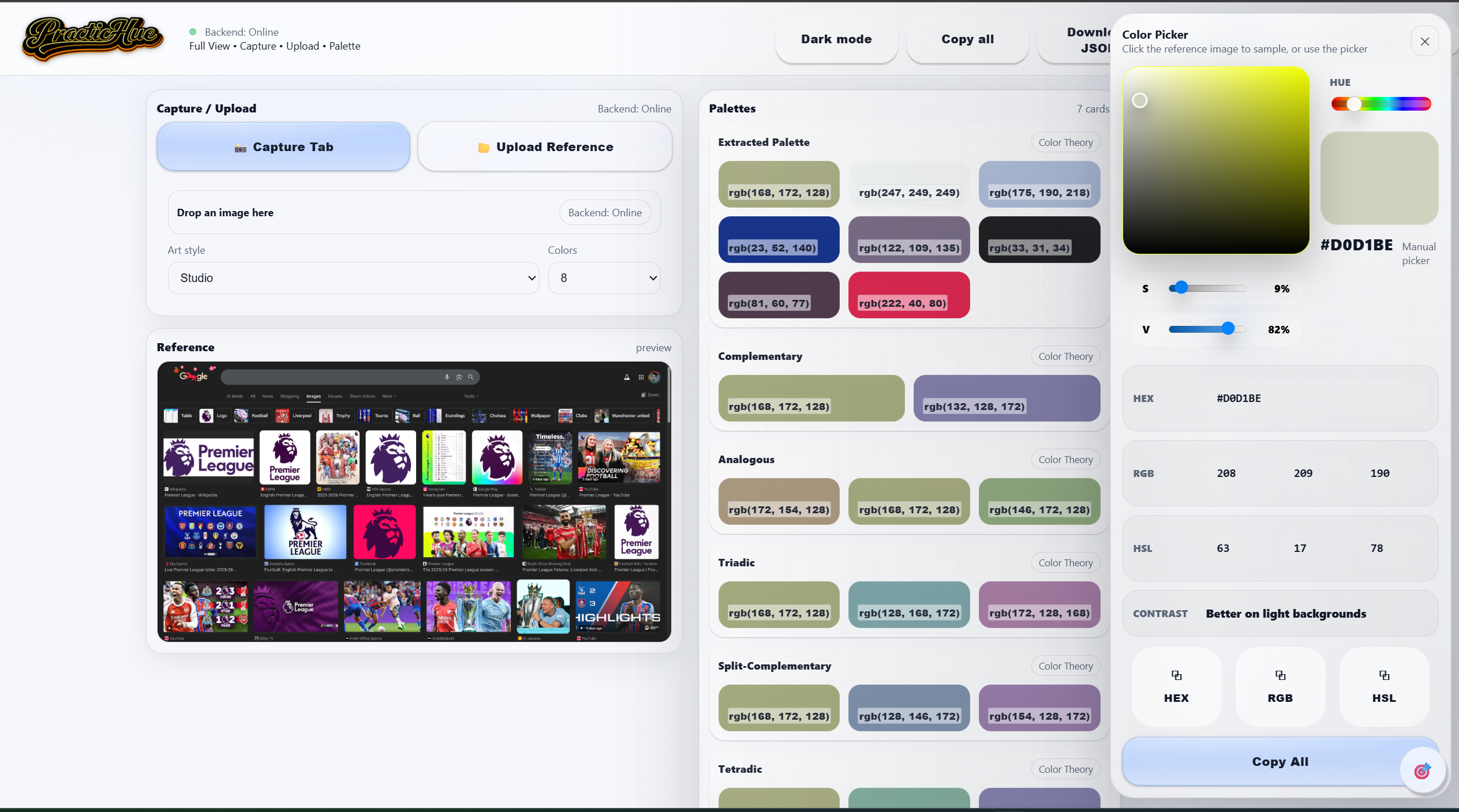 PracticHue full view dark mode UI